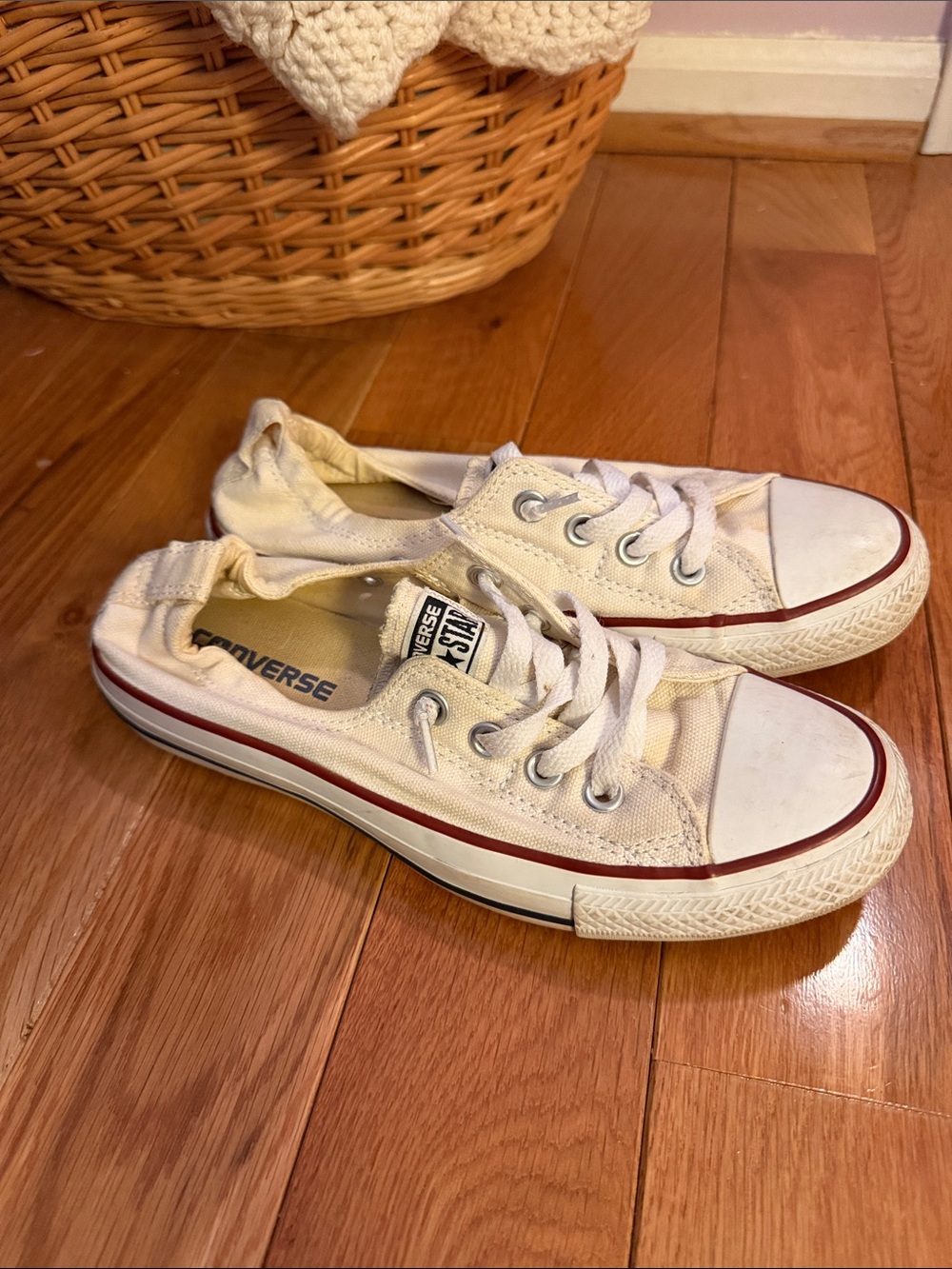 Converse Low Top Canvas Sneakers in Cream with Red & Black Trim
